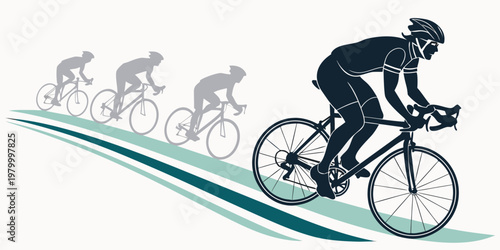Road cycling race graphic with a lead rider and silhouettes of trailing competitors cyclists competition athletes training illustration performance endurance exercise lifestyle