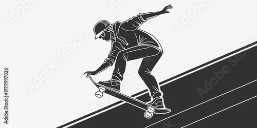 Skateboarder performing an ollie jump over a ramp obstacle stylized graphic illustration with skateboarder skateboarding skateboard activity recreation movement lifestyle outdoors