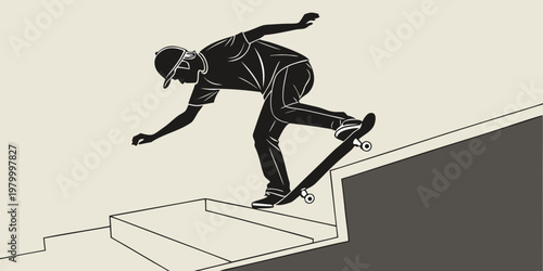 Skateboarder landing a trick on concrete stair steps stylized graphic silhouette with skateboarding skateboarder skateboard concrete activity lifestyle recreation movement performance