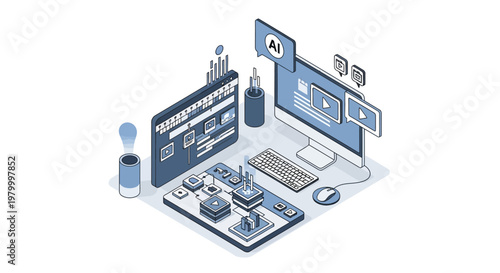 AI-Powered Video Editing and Digital Content Creation Concept. Isometric Illustration of an Automated Workspace with Smart Tools for Filmmaking and Media Production.