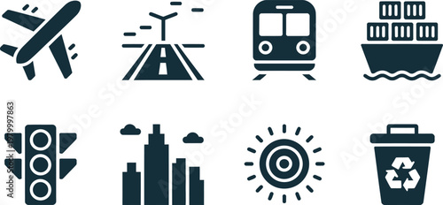 Collection of logistics icons featuring airplanes trains container ships cityscapes traffic lights and environmental recycling symbols