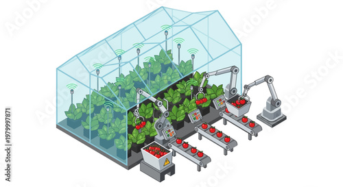 Automated Smart Greenhouse with Robotic Harvesting Arms and IoT Sensors for Precision Agriculture Isometric Illustration