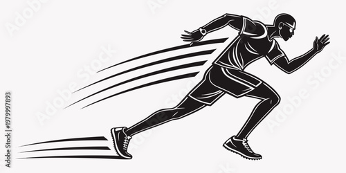 Athletic man running fast and wearing a fitness watch while sprinting with sprinting athletic exercise training lifestyle movement performance discipline velocity endurance sportswear
