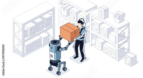 Human Worker Wearing Robotic Exoskeleton Suit Lifting Heavy Box with Warehouse Robot Assistant. Isometric Vector Illustration of Future Logistics and Automation Concepts.