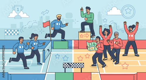 Diverse group of people celebrating victory and competing in a race, symbolizing teamwork and achievement.