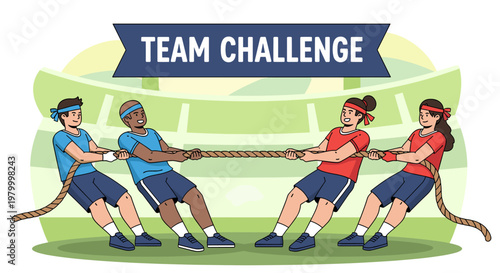 Two teams of people competing in a tug-of-war competition during a team challenge event.