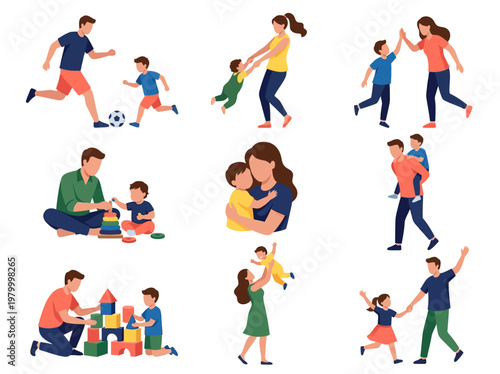 Happy Parents and Children Bonding Set: Flat Vector Illustrations of Family Activities, Parenting, and Playtime