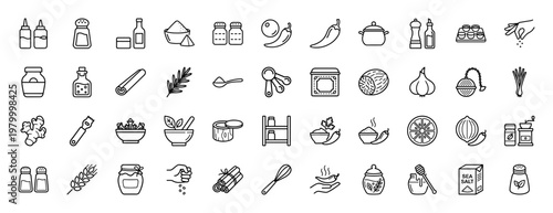 Culinary spice blends and seasoning line icons