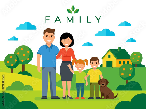 Happy Family with Two Children and a Dog Standing Outdoors Near Their House, Flat Vector Illustration