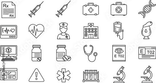 Healthcare medical icons set, hospital equipment, nurse, DNA, stethoscope, prescription, syringe, first aid kit illustration