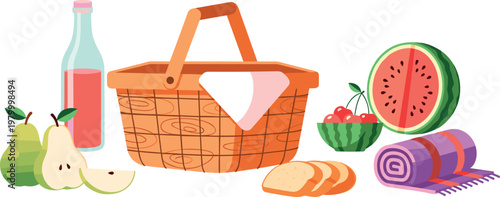 Picnic basket with food items including fruits, bread and drink, outdoor summer leisure concept in colorful vector illustration set