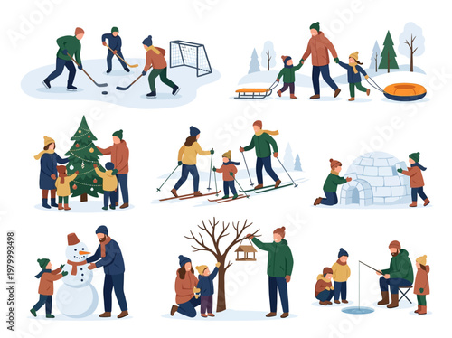 Set of Families Enjoying Winter Outdoor Activities, Sports and Recreation Vector Illustration with Hockey, Skiing, Sledding, Ice Fishing, and Snowman