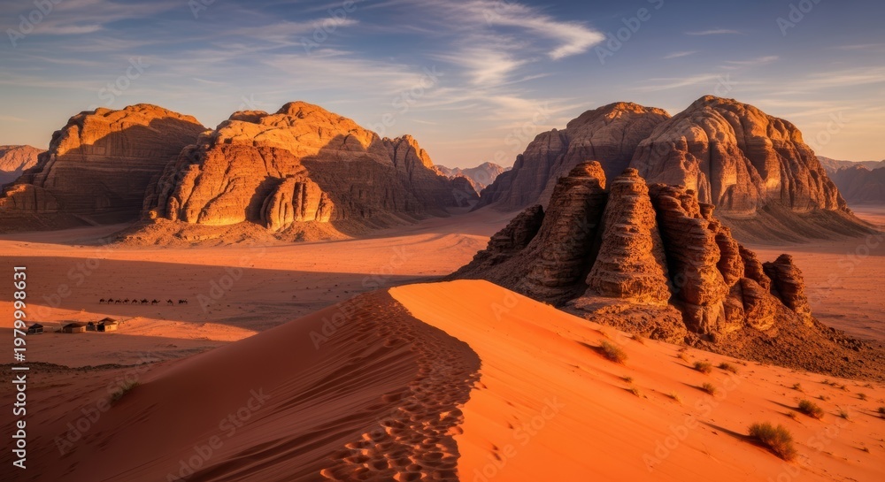 Obraz premium Desert Sand Dunes and Rock Formations at Sunset Landscape