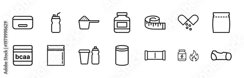 Fitness nutrition and gym supplements minimalist outline icon set