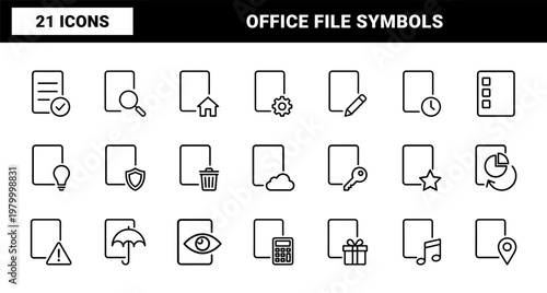Business document management and office file line icons