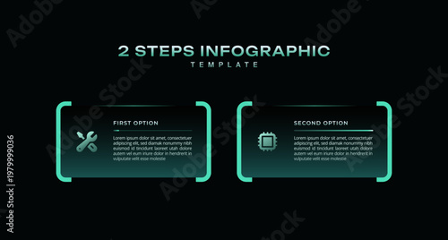 Dark tech infographic template 2 step timeline journey with number icons, modern vector for business presentation, process diagram, workflow, graph, minimal design