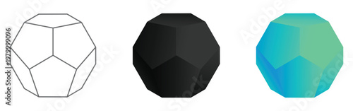 Set of Dodecahedron geometric shapes featuring wireframe solid black and gradient 3D renders vector