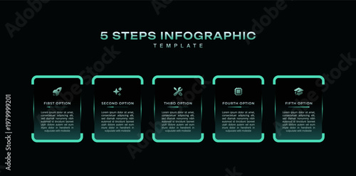 Dark tech infographic template 5 step timeline journey with number icons, modern vector for business presentation, process diagram, workflow, graph, minimal design