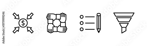Minimalist business startup and development outline icons.