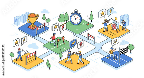 Isometric illustration showing various sports activities like running, hurdles, archery, baseball, and a trophy, representing competition and achievement.