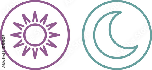 Purple sun and blue crescent moon icons showing day and night cycle in simple linear style