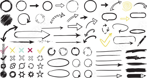 Tableau sur toile Hand drawn arrow, circle and underline marker pen set