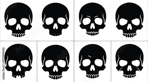 A grid of eight black silhouette of human skulls with variations in facial and bone structure on a white background