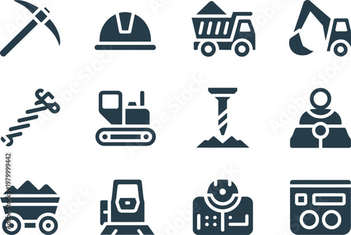 A collection of construction and mining equipment icons featuring heavy machinery and safety gear for projects