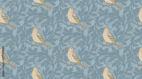 Seamless vintage floral pattern with birds, flowers and foliage in classic Arts and Crafts style. Detailed ornamental botanical design inspired by historic British textiles and traditional decorative