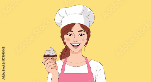Woman baker in chef hat holding a cupcake on yellow background