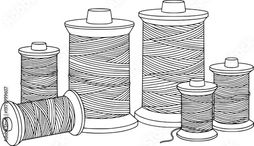 Collection of Outline Thread Spools in Various Sizes White Background sewing craft