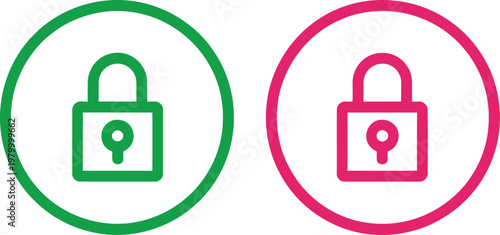 Green and red circular padlocks representing security status and locked or unlocked states for digital interfaces