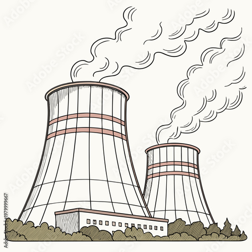 A drawing of two cooling towers with smoke coming out on top next to a building