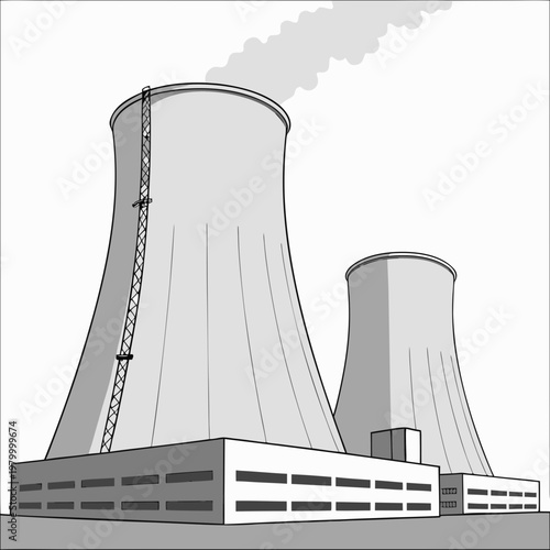 A grayscale illustration of a nuclear power plant with two cooling towers emitting smoke