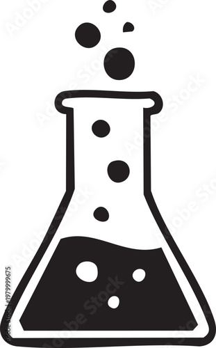 A classic laboratory erlenmeyer flask with bubbling liquid and escaping droplets