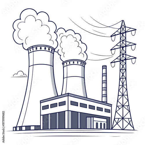 Nuclear power plant with cooling towers and transmission tower