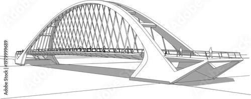 3D Wireframe Illustration of a Modern Arch Bridge for Architecture, Engineering, and Infrastructure Design Projects