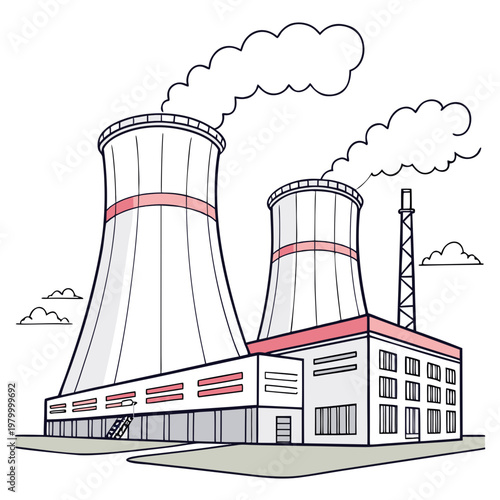 A nuclear power plant with two cooling towers emitting smoke