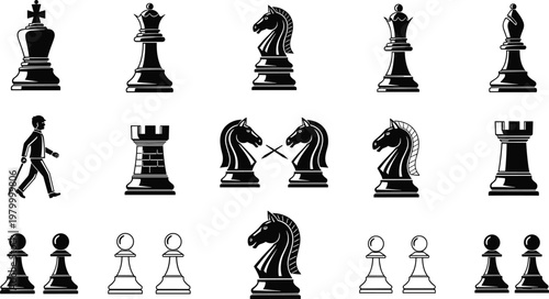 Chess icons set with pieces and strategy elements, king queen rook knight pawn symbols for board game vector design