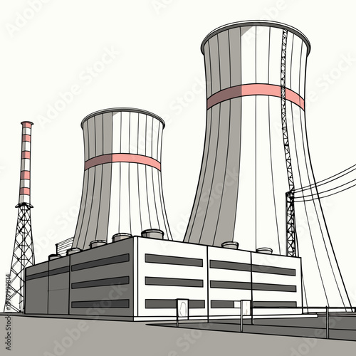 Illustration of a nuclear power plant with cooling towers and a reactor building