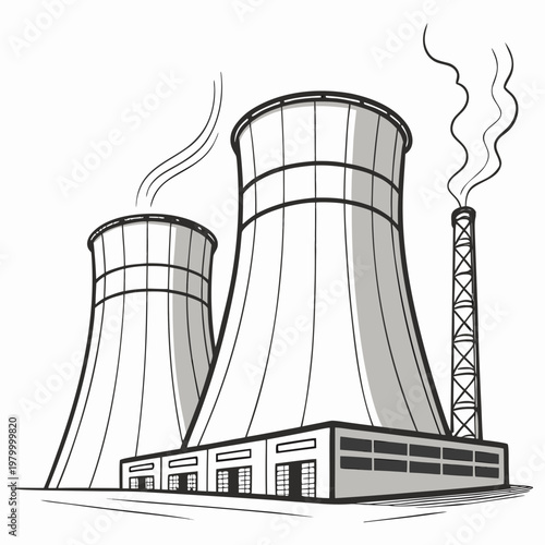 A black and white illustration of a nuclear power plant with two cooling towers and a smokestack