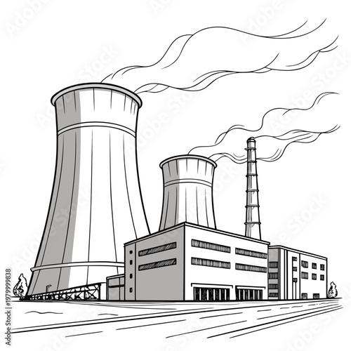 A black and white illustration of a nuclear power plant with cooling towers and a smokestack