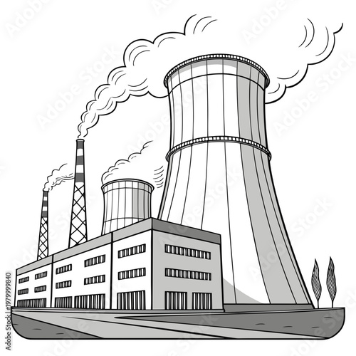 A black and white illustration of a nuclear power plant with cooling towers and smokestacks emitting steam and smoke