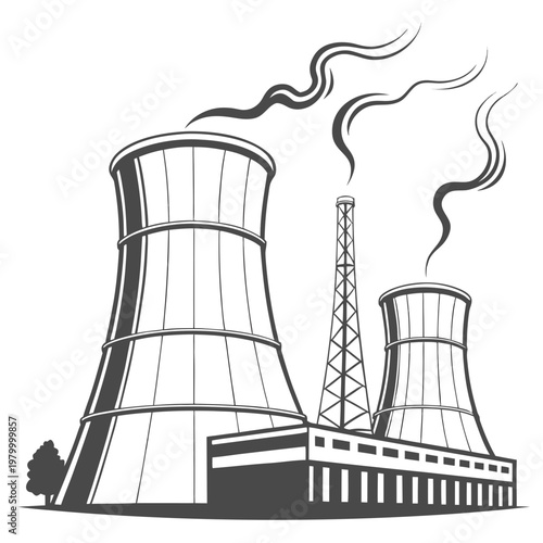 A black and white illustration of a nuclear power plant with cooling towers and a transmission tower emitting smoke