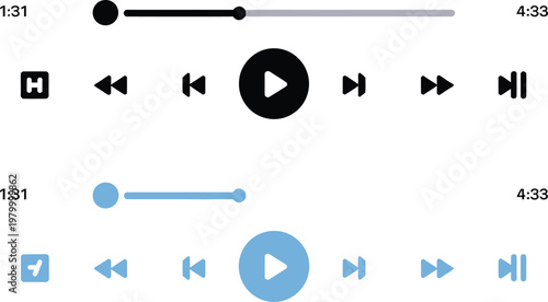 Media player control icons with progress bars and playback navigation buttons for mobile application user interfaces