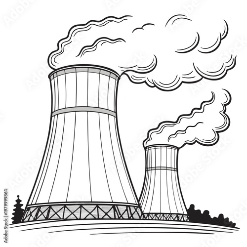 A black and white illustration of two nuclear cooling towers with smoke