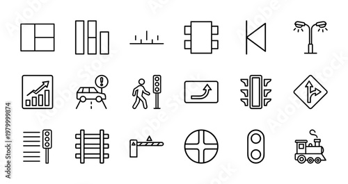 Minimalist traffic and urban infrastructure line icons for smart city management.