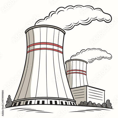 A cartoon illustration of two nuclear power plant cooling towers with smoke coming out