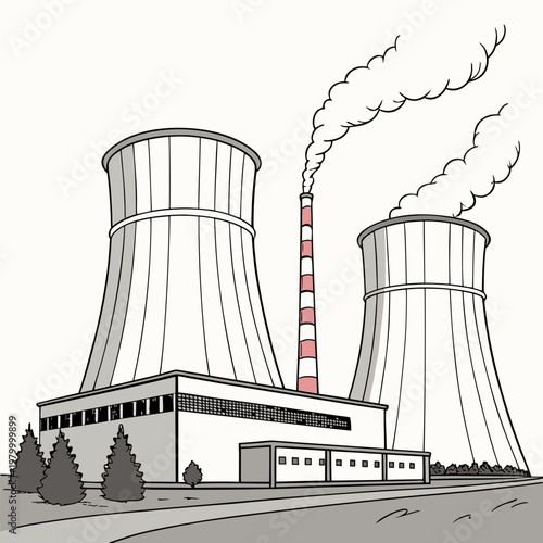 A nuclear power plant with two cooling towers and a smoking chimney
