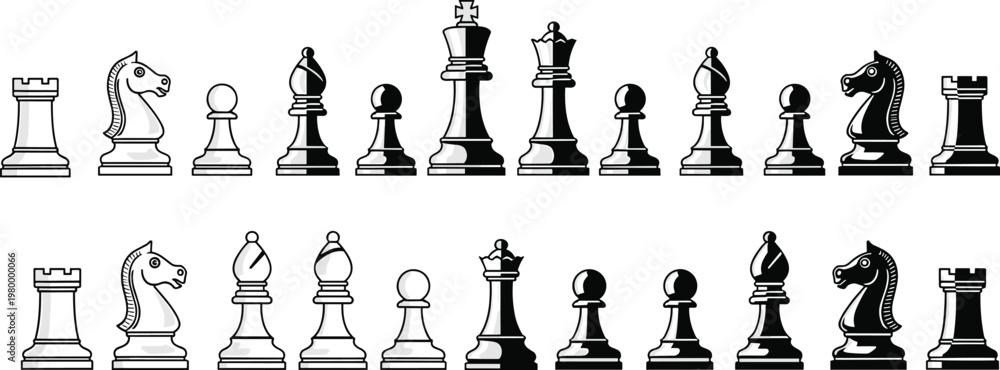 Φωτογραφία Chess pieces black and white vector set, classic king queen rook bishop knight p